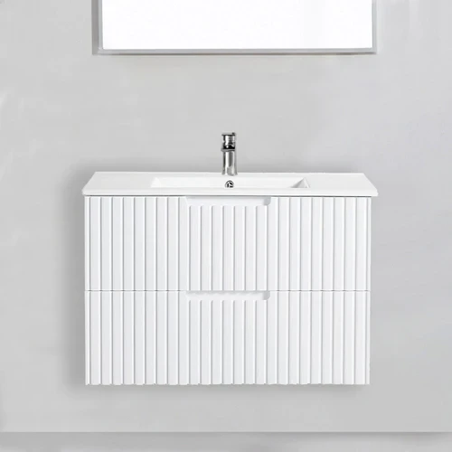 Modern Two Draws Wall Hung White V Groove Bathroom Vanity