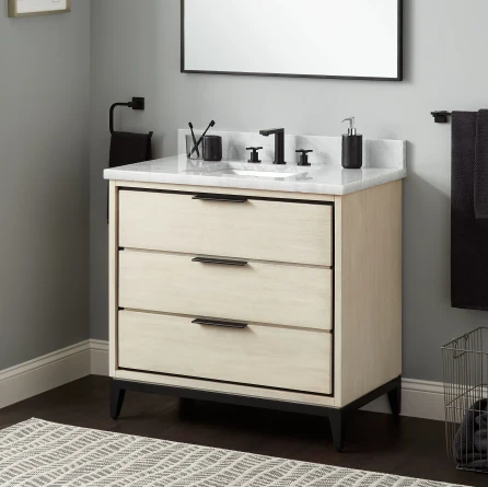 37-inch Milky Melamine Bathroom Cabinet Quartz Stone Countertop