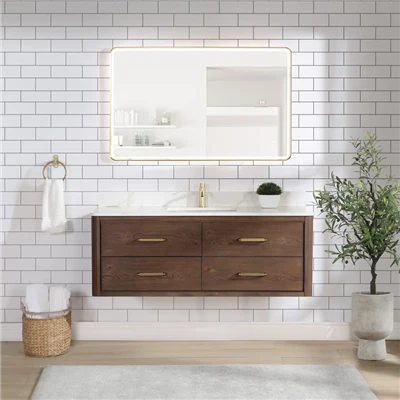 55 Inch Brush Painted Quartz Stone Countertop Solid Wood Bathroom Cabinet With Backsplash